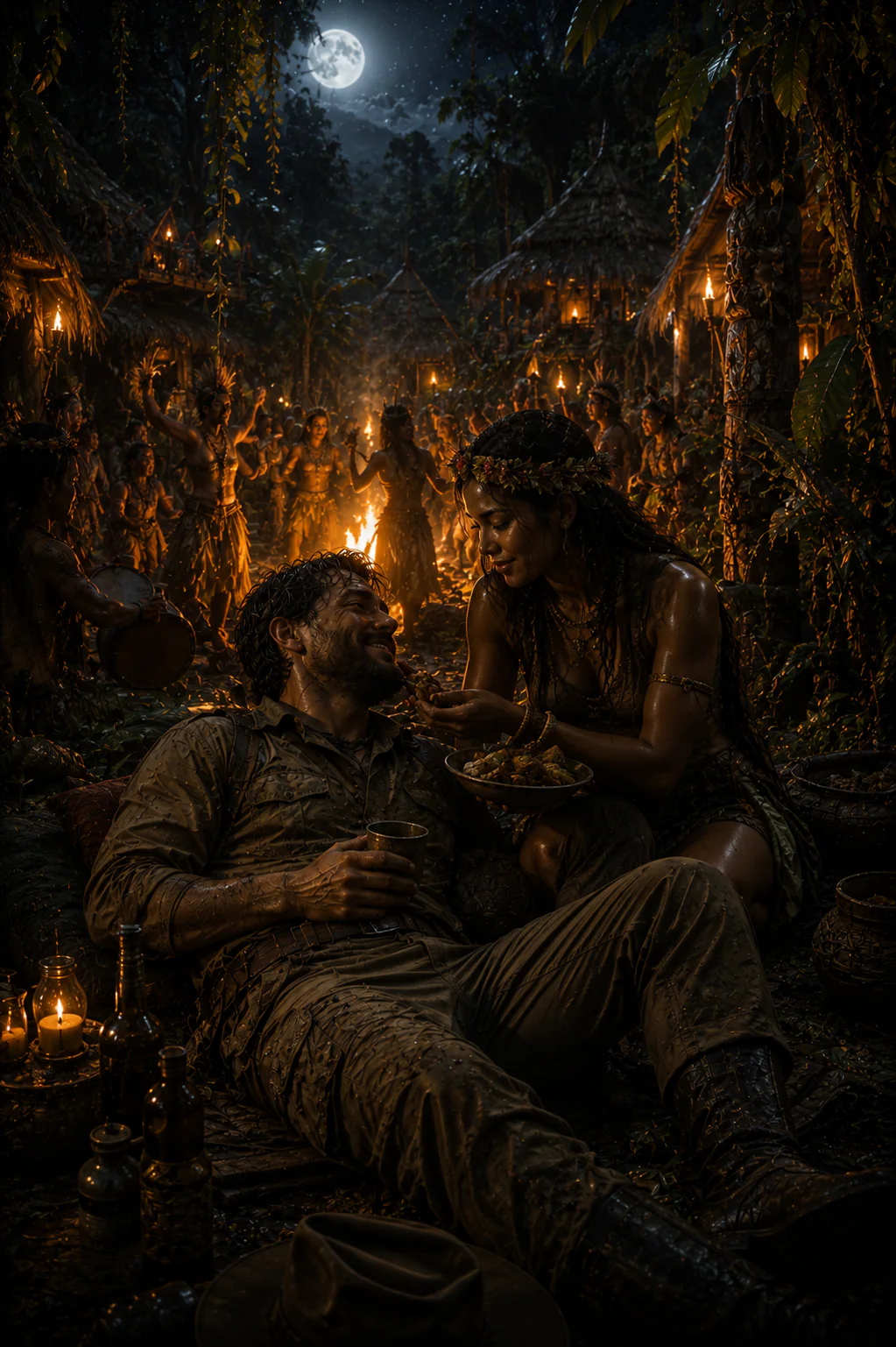 Explorers meeting people at a remote jungle village
