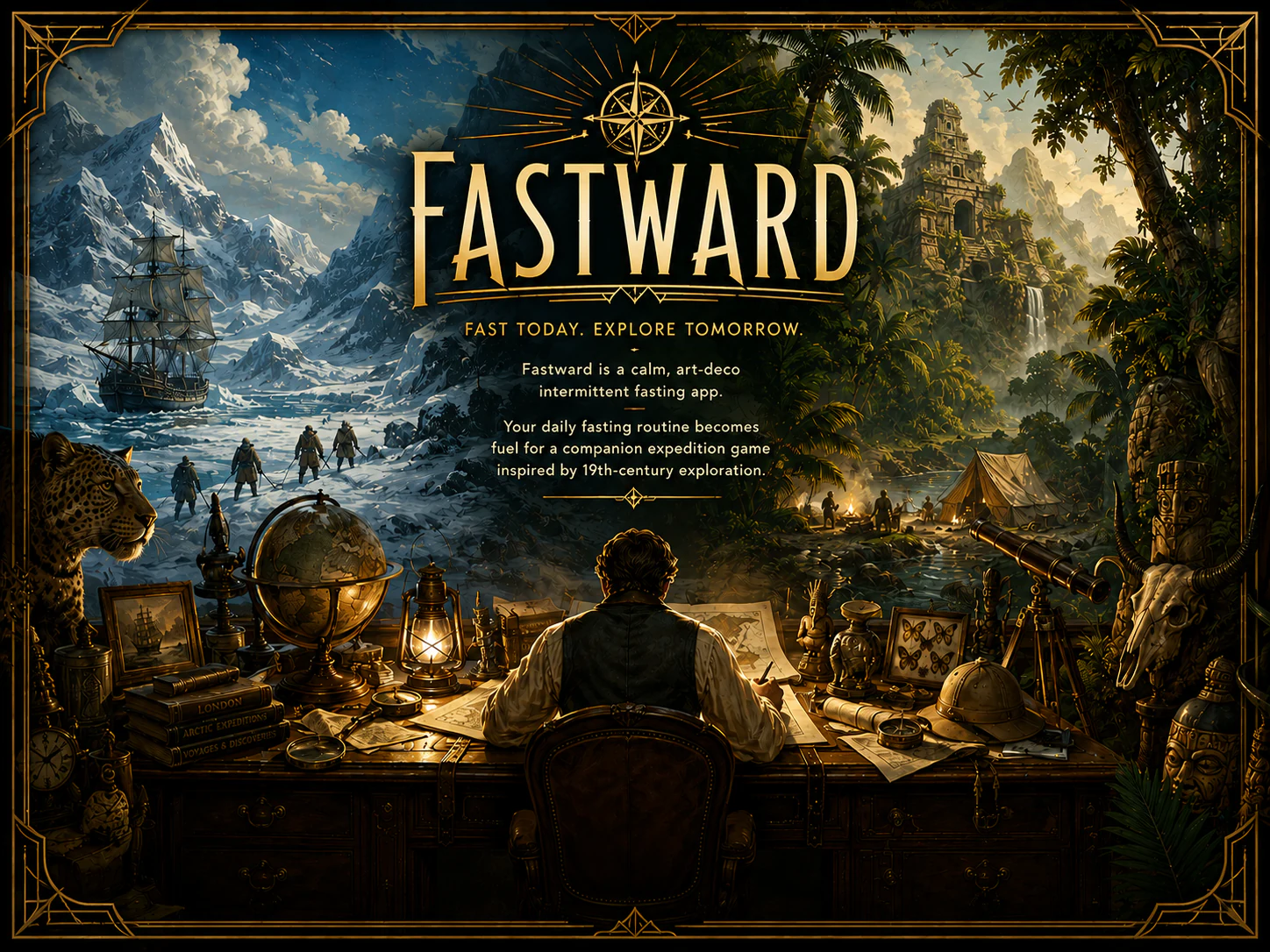 Fastward expedition artwork spanning Arctic and jungle worlds